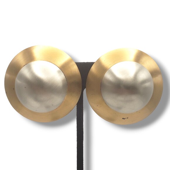 Vintage Large Matte Brushed Gold Silver Tone Domed Post Pierced Earring Modern - Picture 2 of 9
